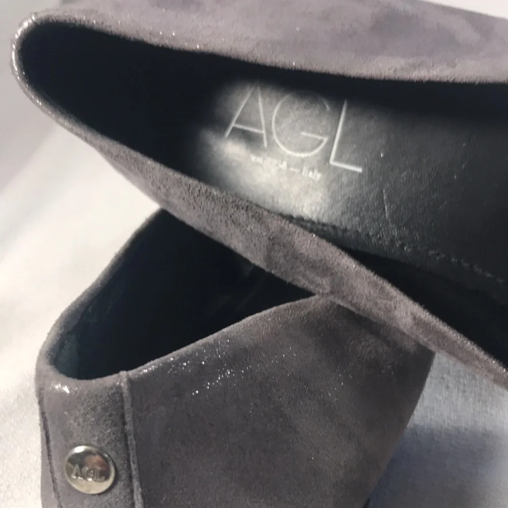 AGL Women's Dalia Sparkly Gray Suede With Gray & Black Reptile Cap Toe Loafers